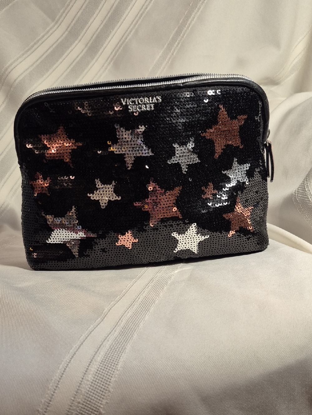 NWOT Victoria's Secret Black Sequin Cosmetic Bag with Rose Gold & Silver Stars